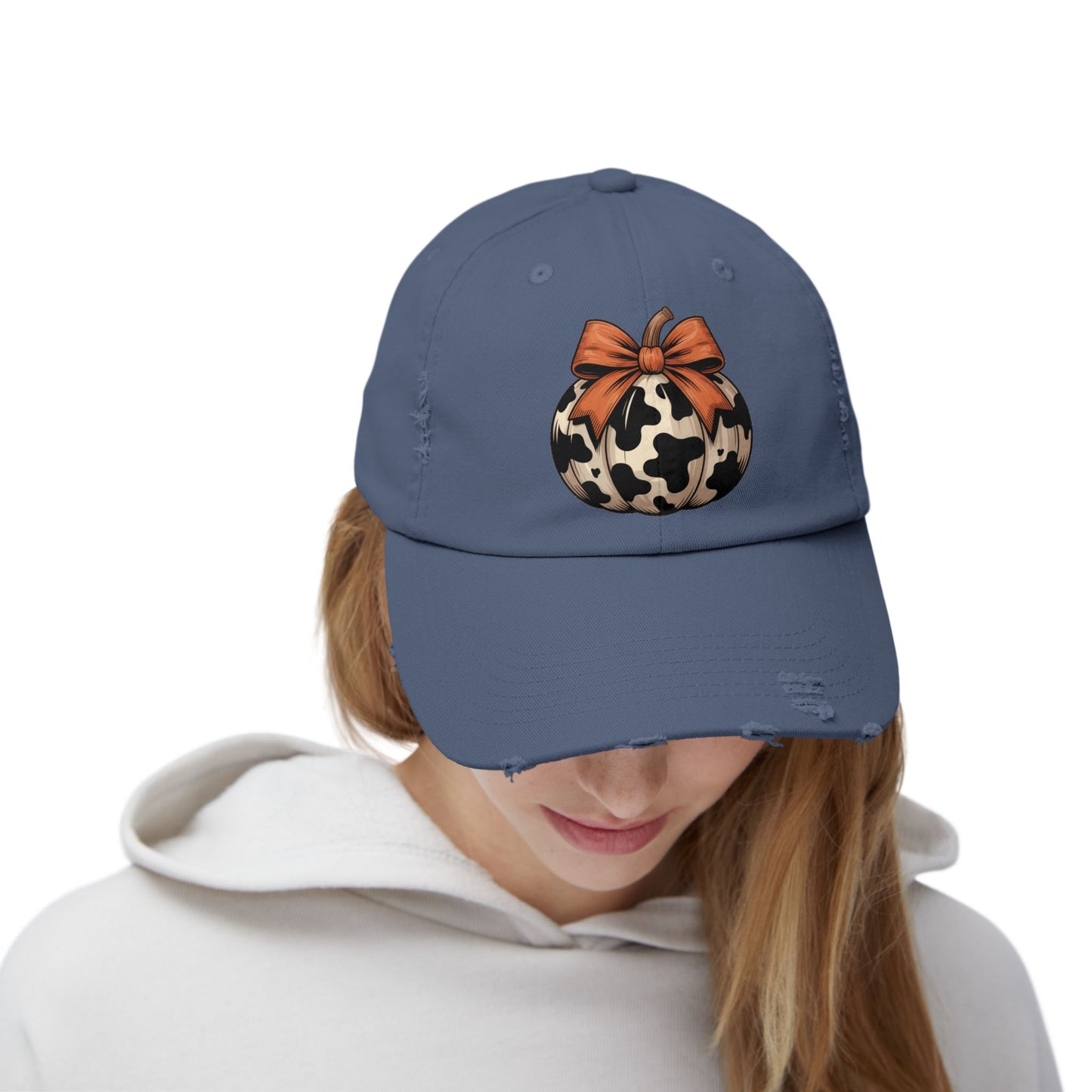 Fall Cow Print Pumpkin Distressed Cap