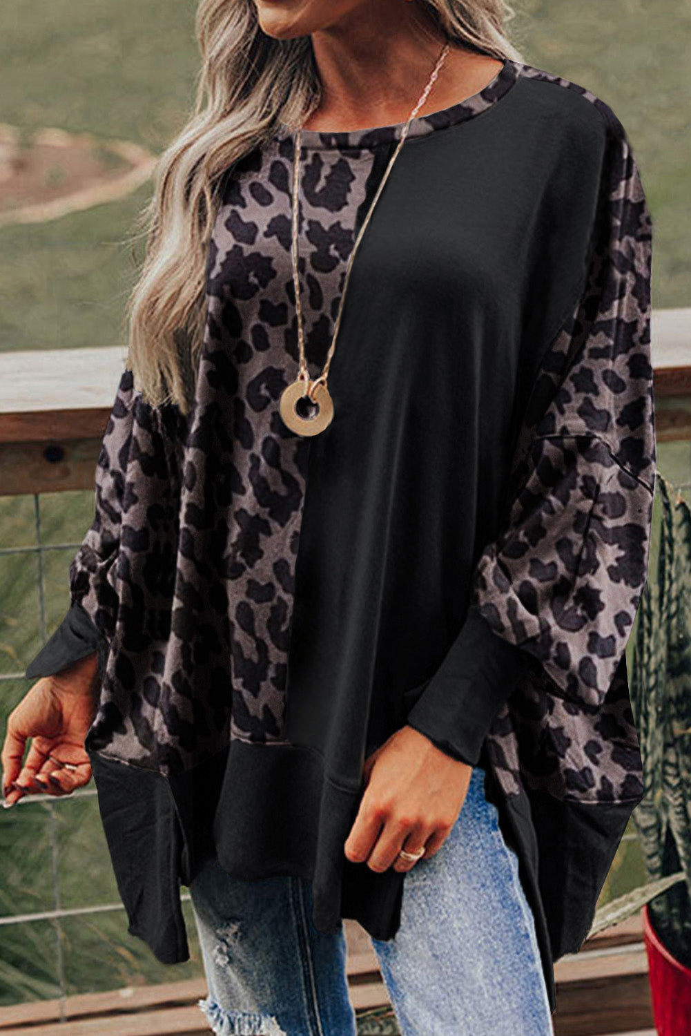 Leopard Print Drop Shoulder Slit Oversized Sweatshirt