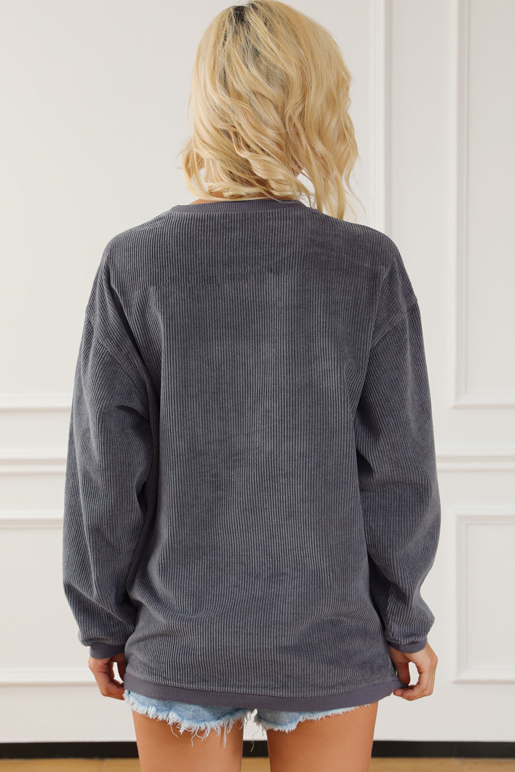 Black Plus Size Corded Round Neck Sweatshirt