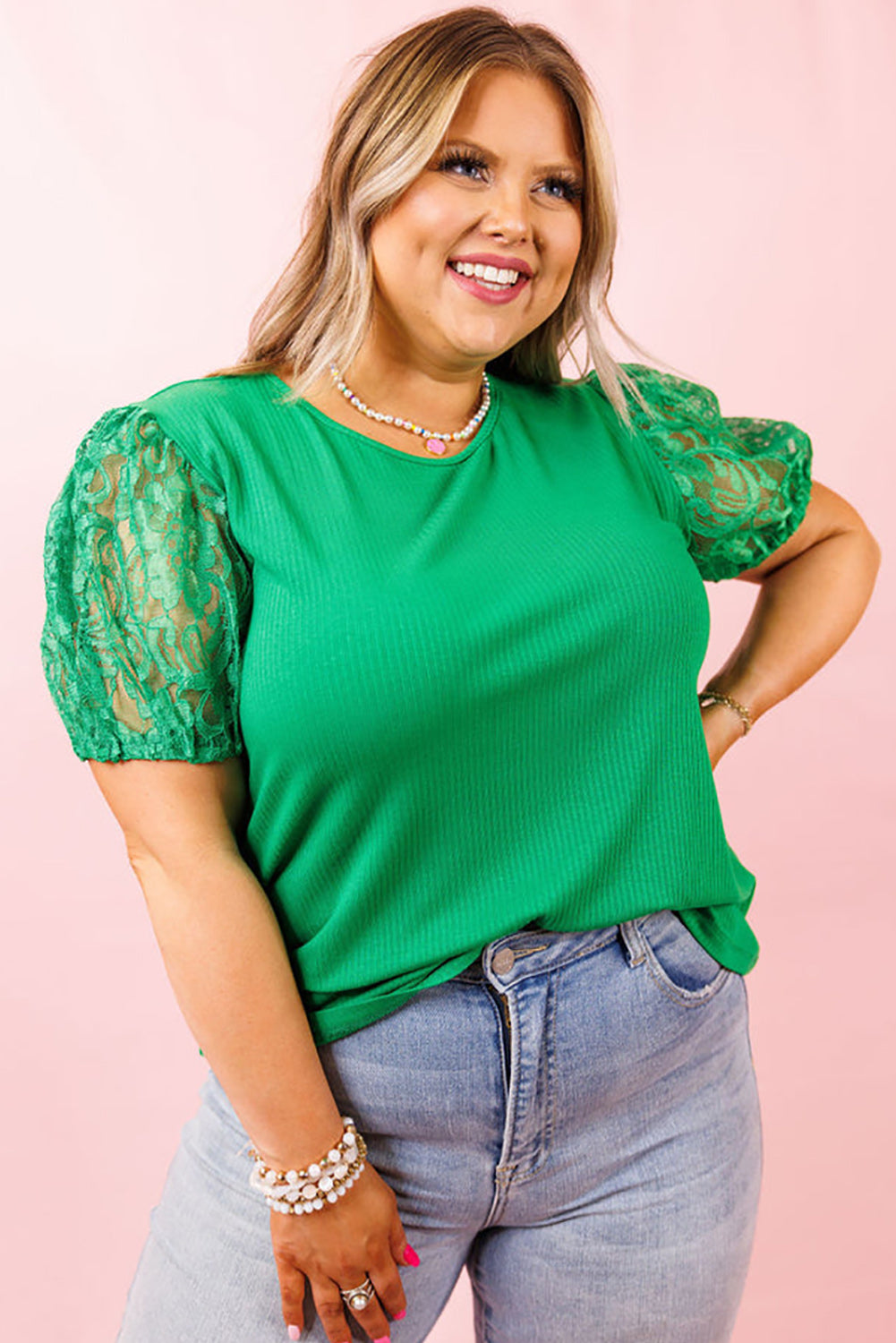 Ribbed Lace Patchwork Puff Sleeve Plus Size Blouse