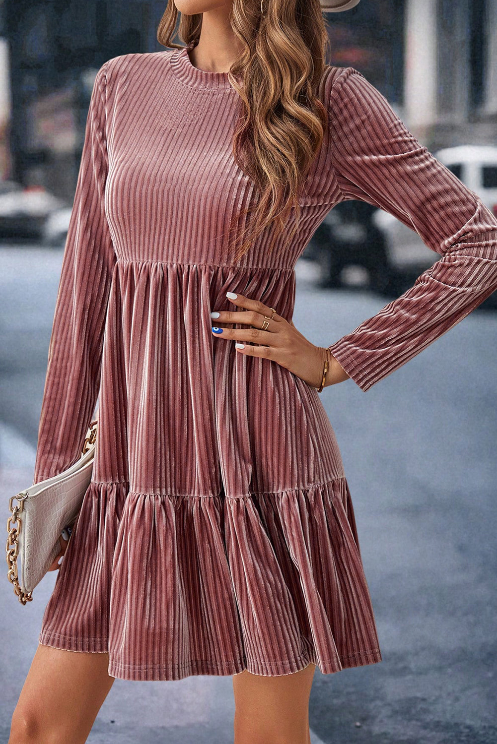 Chestnut Half Zip V Neck Ribbed Velvet Top