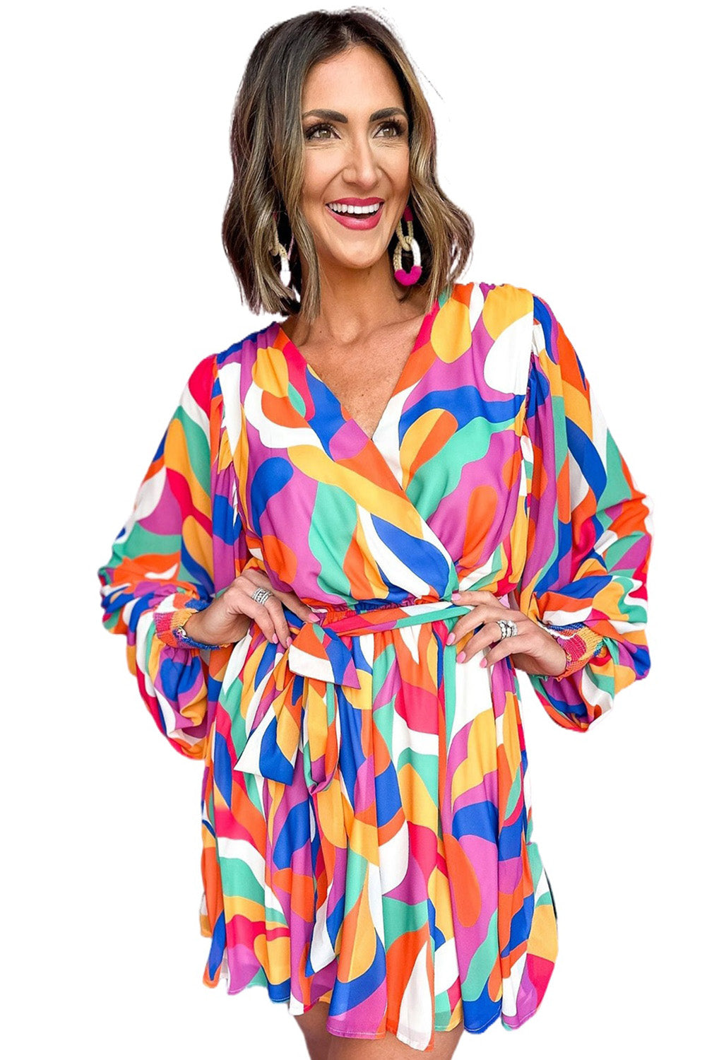 Multicolor Plus Size Abstract Print Oversized Sleeve Belted Dress