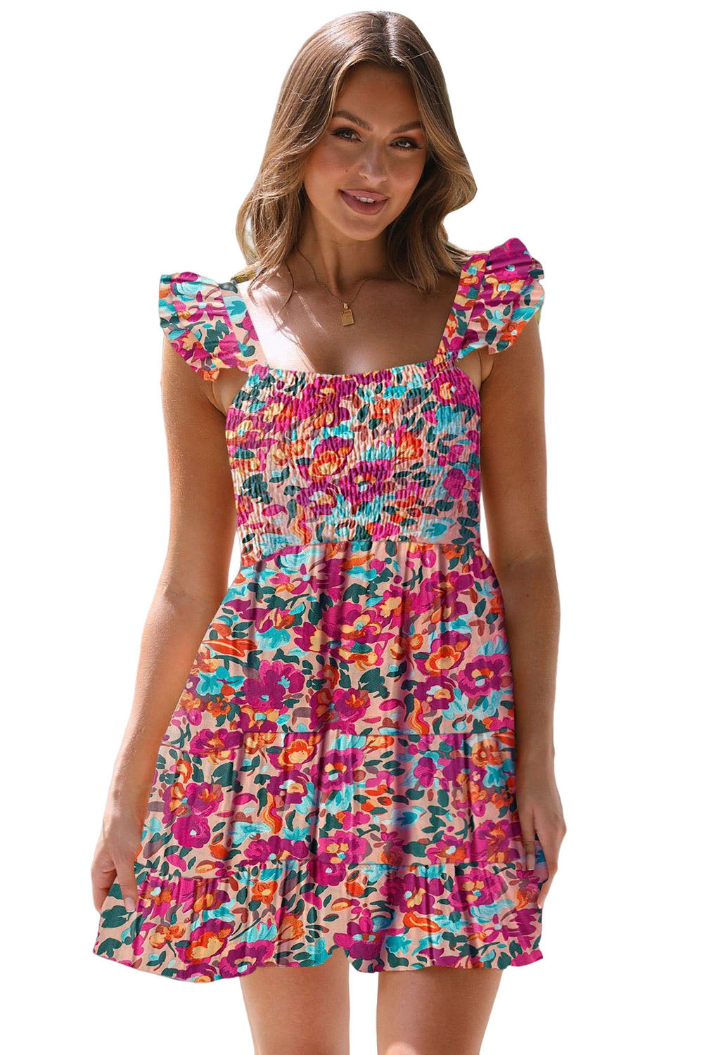 Multicolor Ruffled Shirred Sleeveless High Rise Floral Mini Dress
