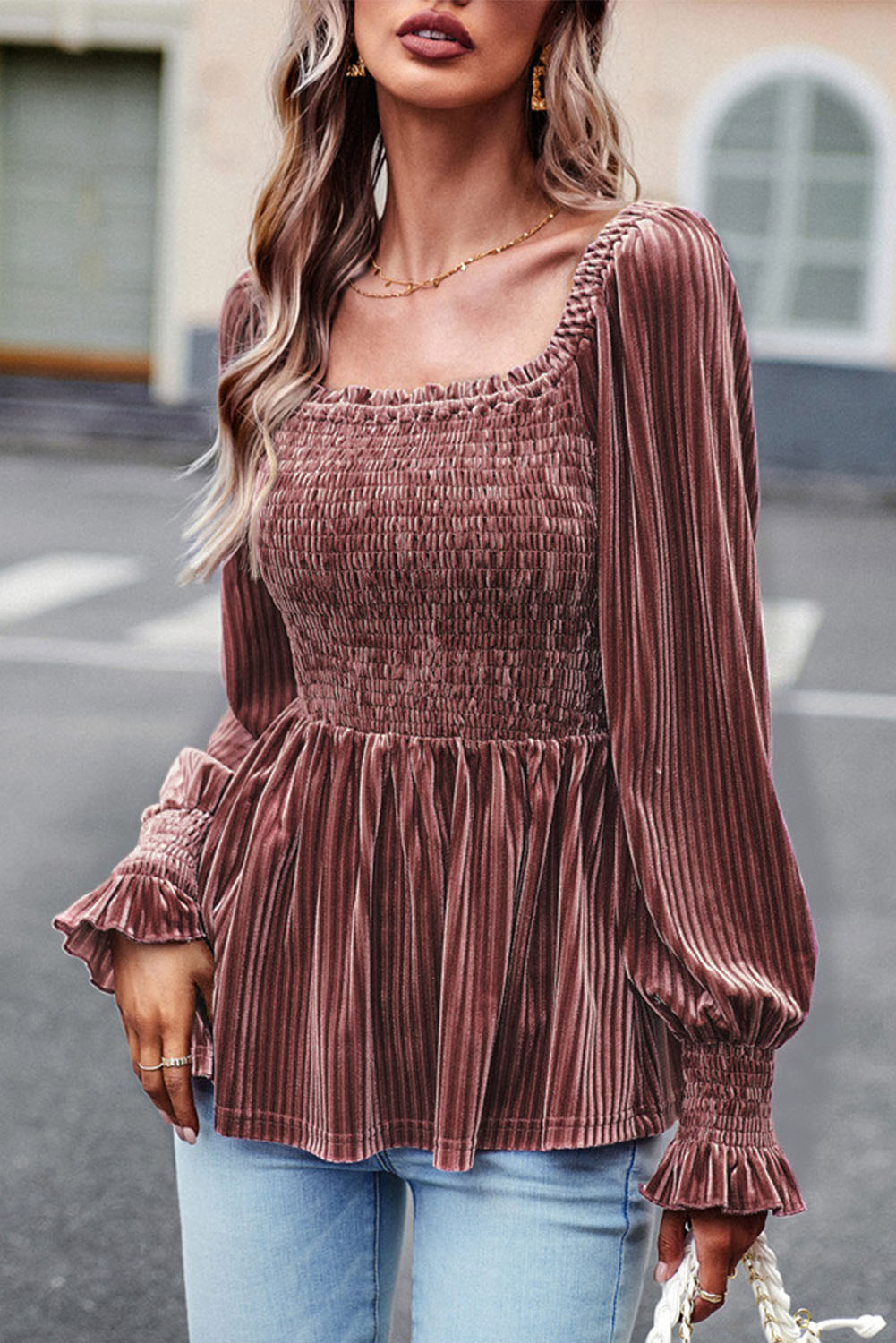 Chestnut Half Zip V Neck Ribbed Velvet Top