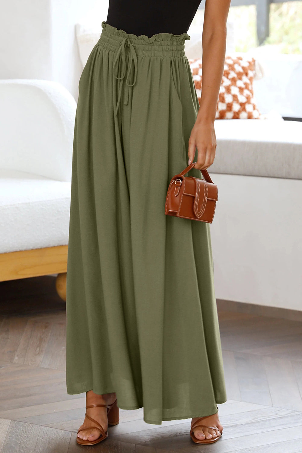 Beige Drawstring Smocked High Waist Wide Leg Pants