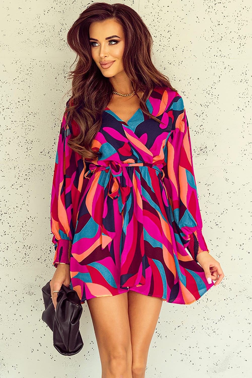 Multicolor Plus Size Abstract Print Oversized Sleeve Belted Dress