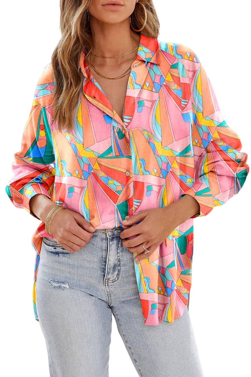 Multicolor Geometric Abstract Print Long Sleeve Shirt Dress