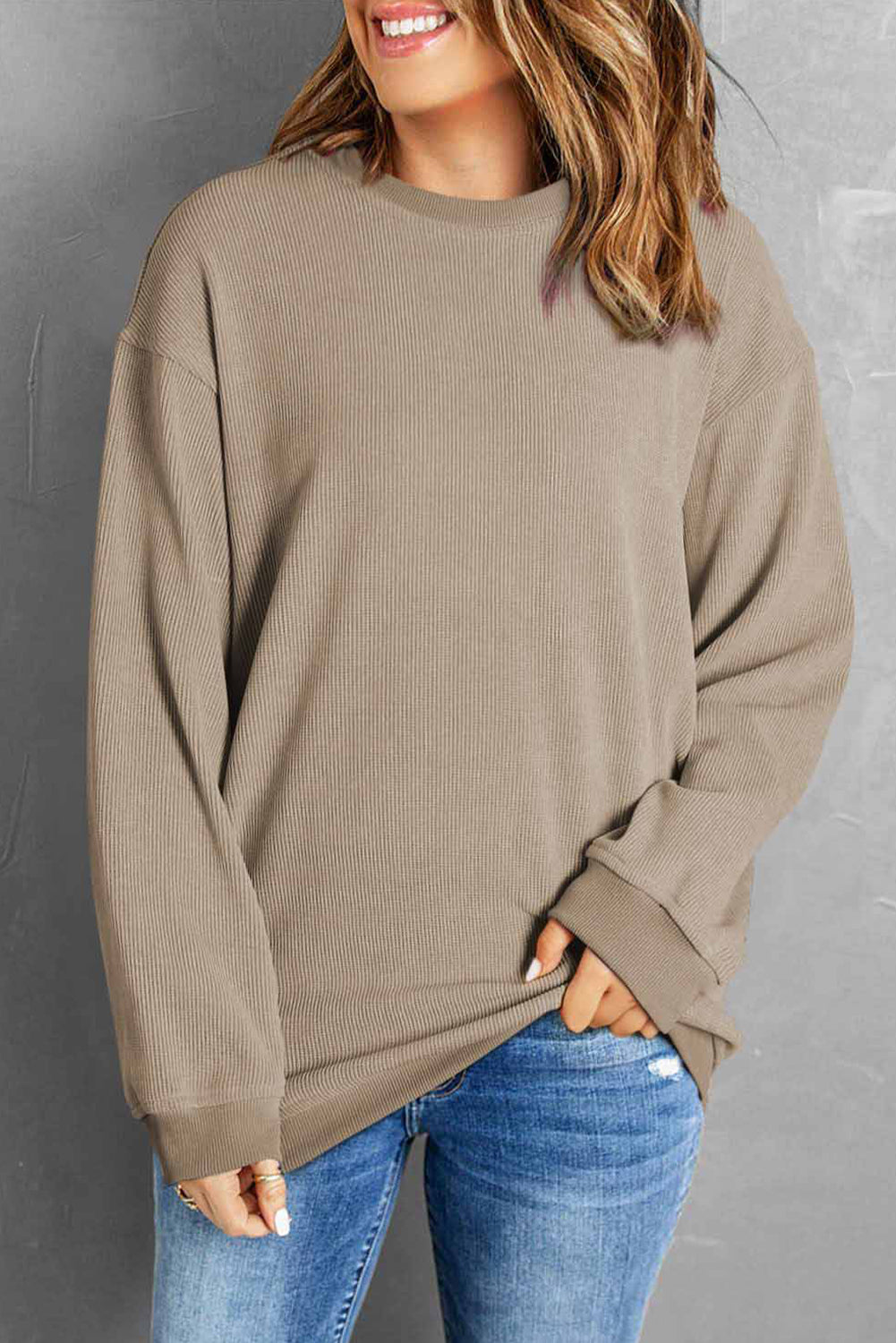 Black Plus Size Corded Round Neck Sweatshirt