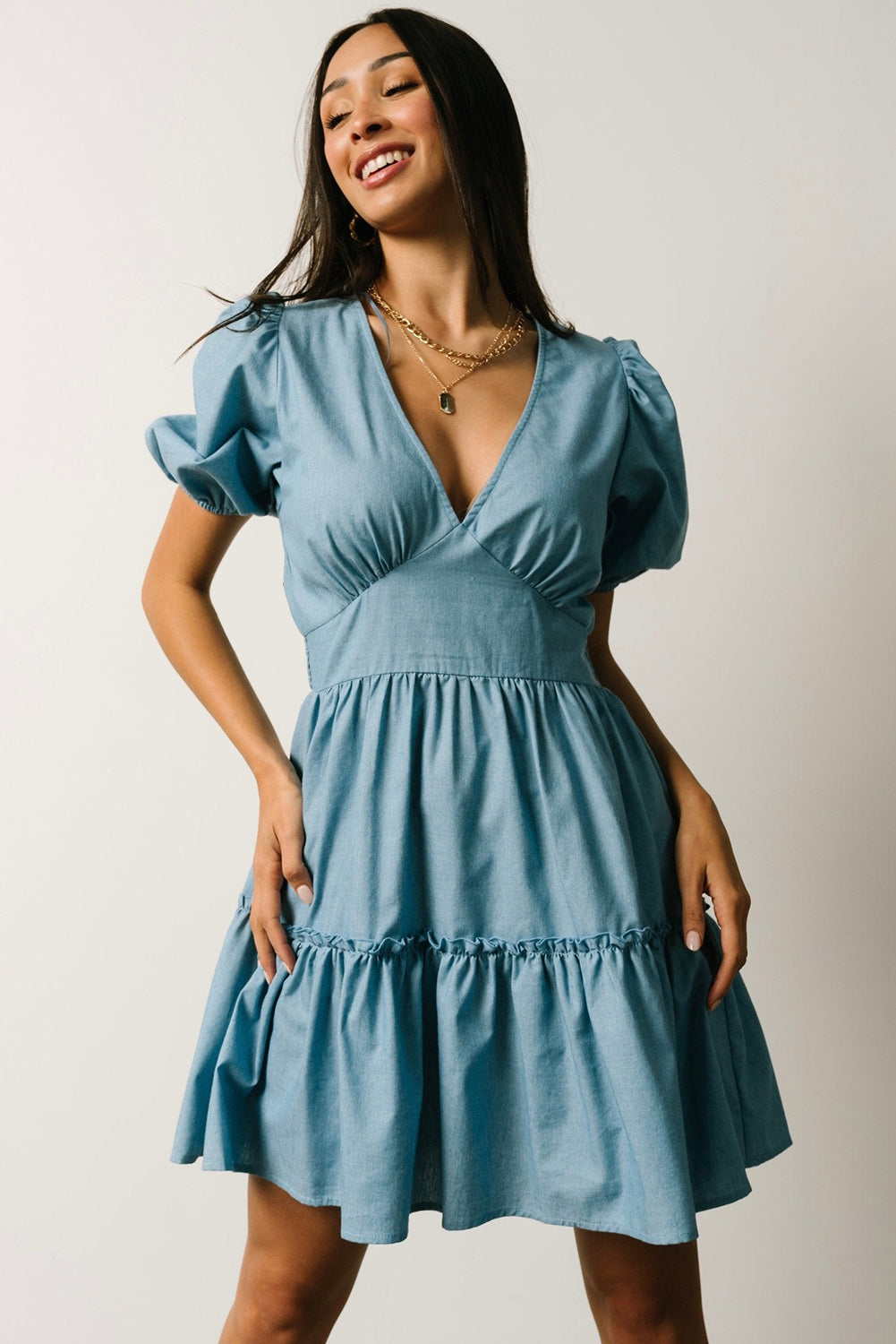 V Neck Bubble Sleeve Ruffle Flared Mini Dress