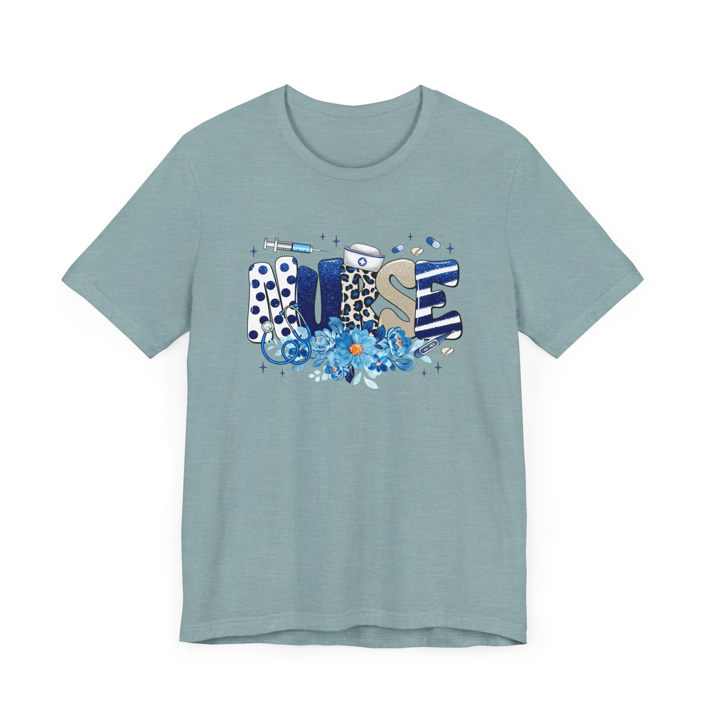 Blue Floral Nurse Jersey Short Sleeve Tee