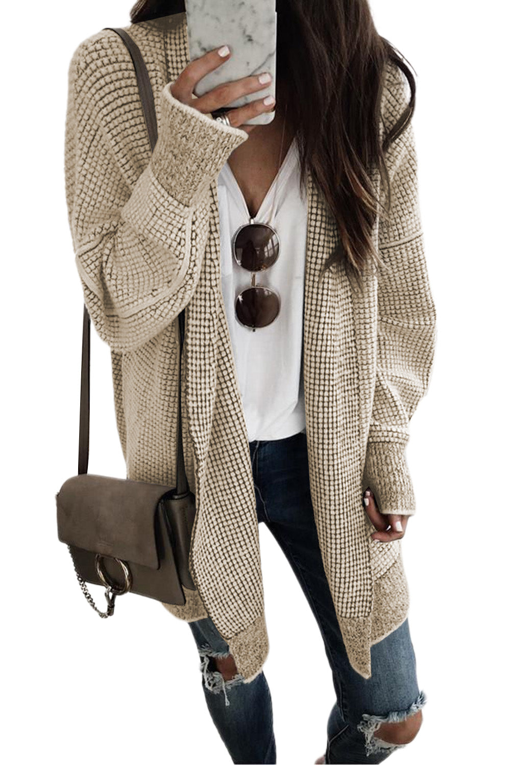 Black Plaid Knitted Long Open Front Cardigan