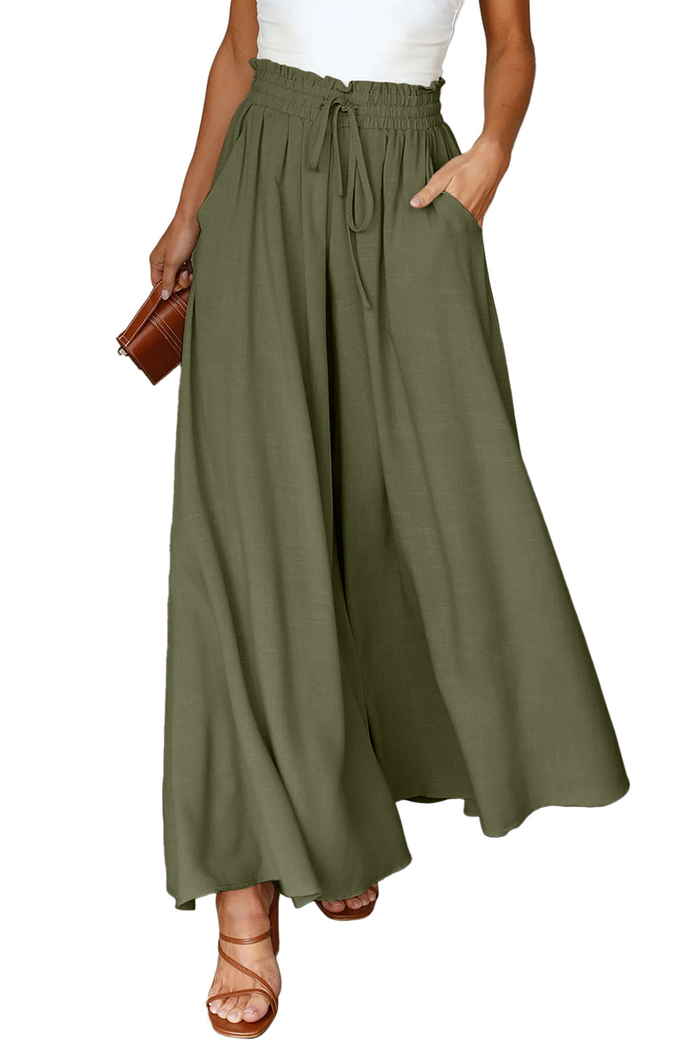 Beige Drawstring Smocked High Waist Wide Leg Pants