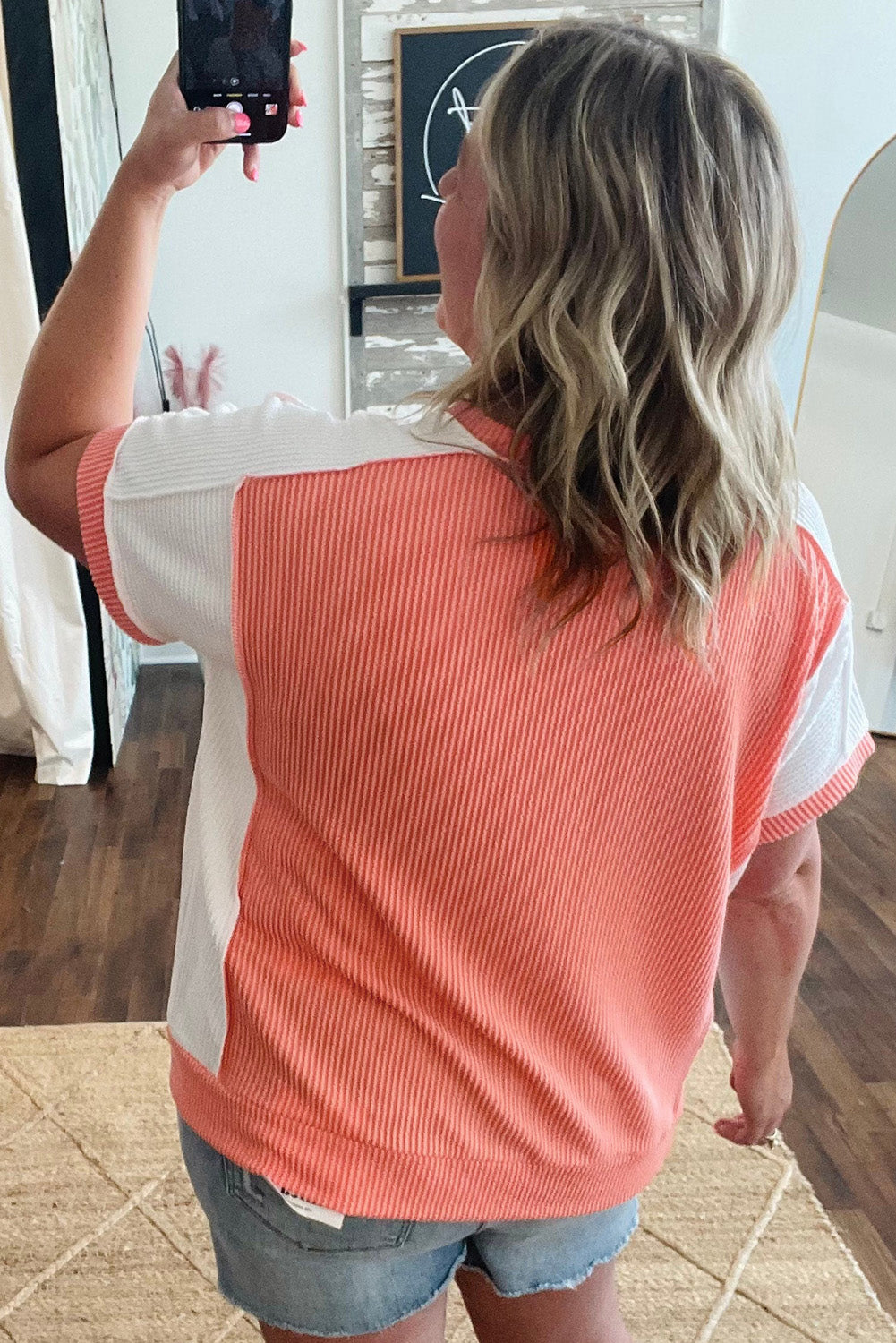 Carrot Twist Rib Colorblock Hi Low Plus Size Short Sleeve Top