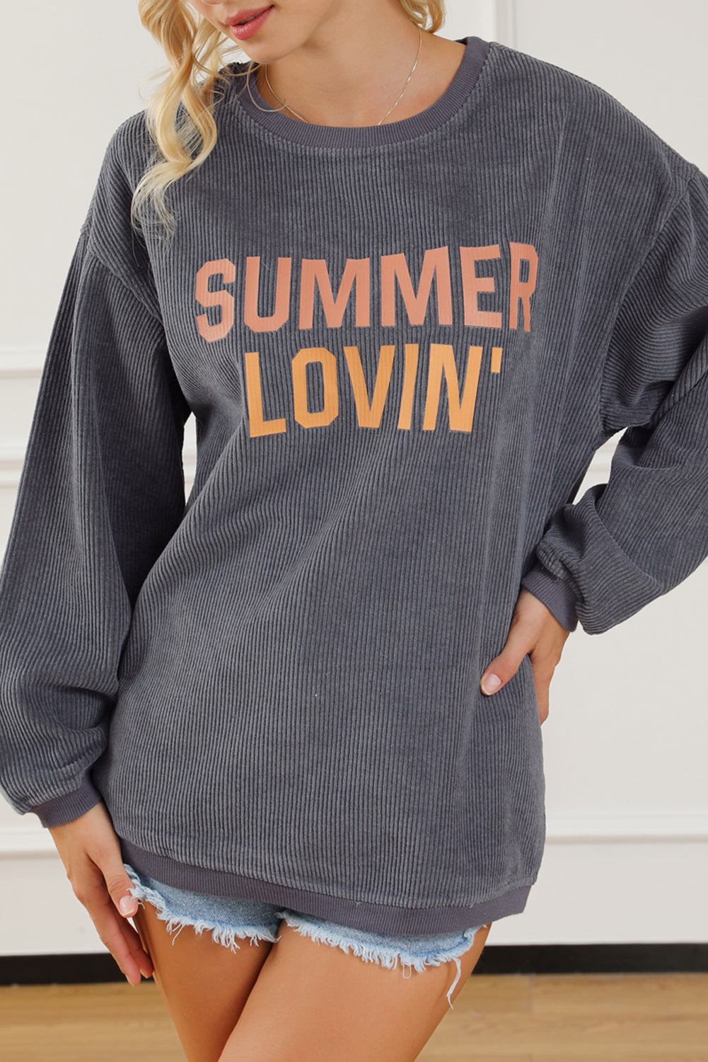 Black Plus Size Corded Round Neck Sweatshirt