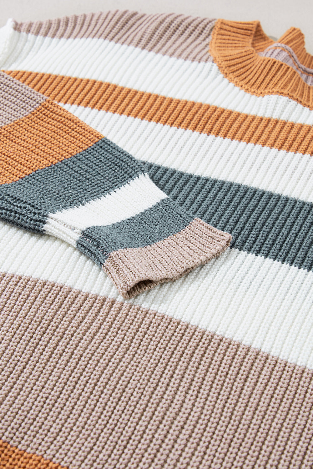 Camel Striped Knit Crew Neck T Shirt Sweater