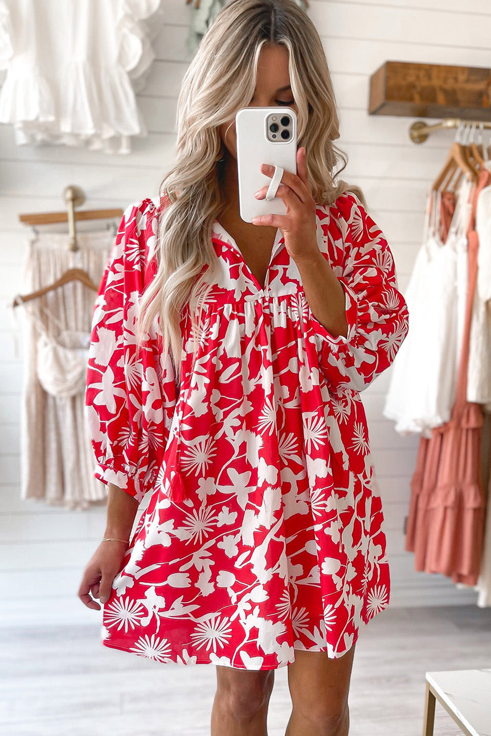 Floral Print Puff Sleeve Split Neck Babydoll Mini Dress