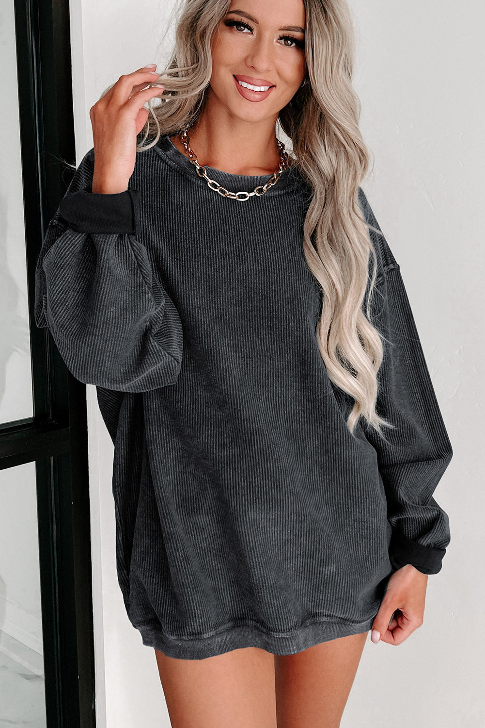Black Plus Size Corded Round Neck Sweatshirt