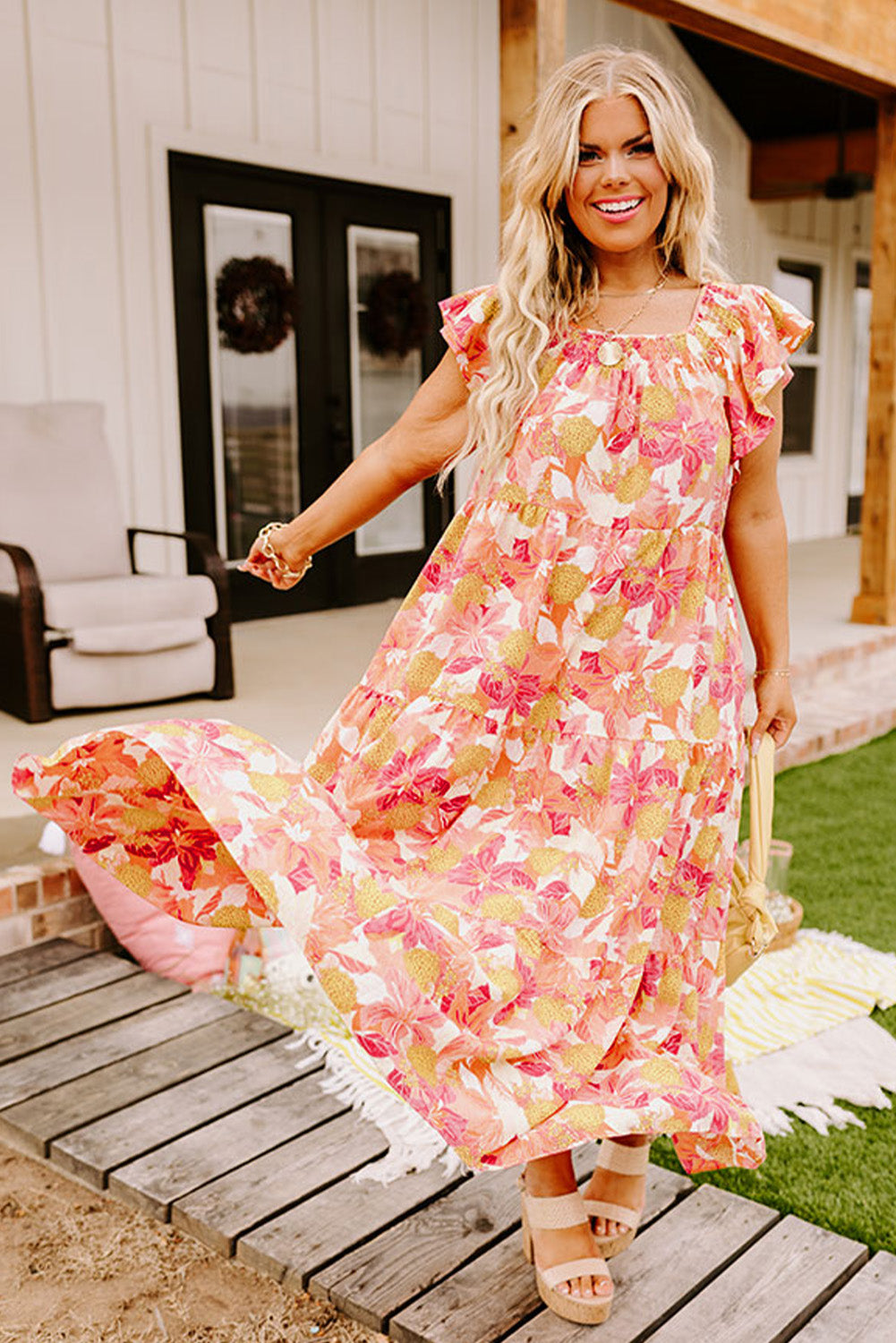 Floral Print Shirred Ruffled Sleeveless Plus Size Dress