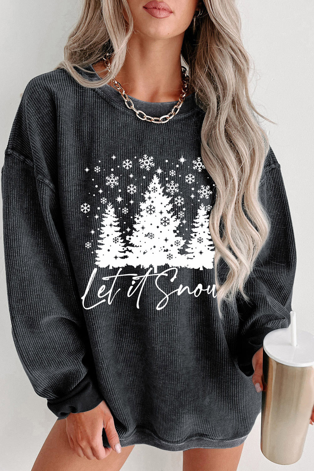 Black Plus Size Corded Round Neck Sweatshirt