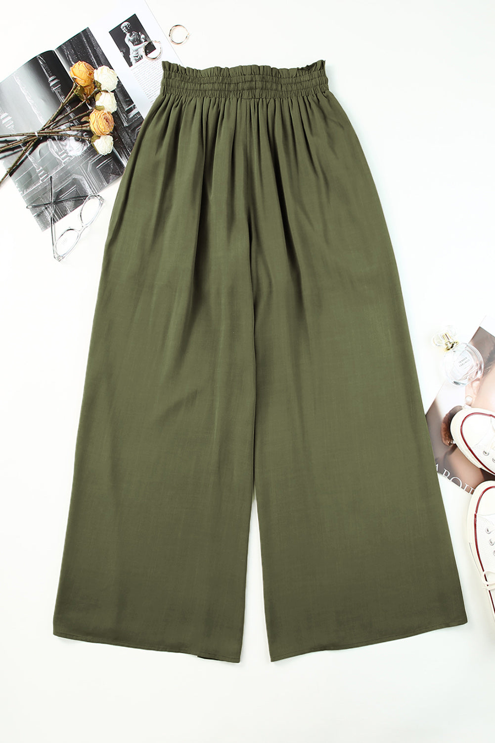 Beige Drawstring Smocked High Waist Wide Leg Pants