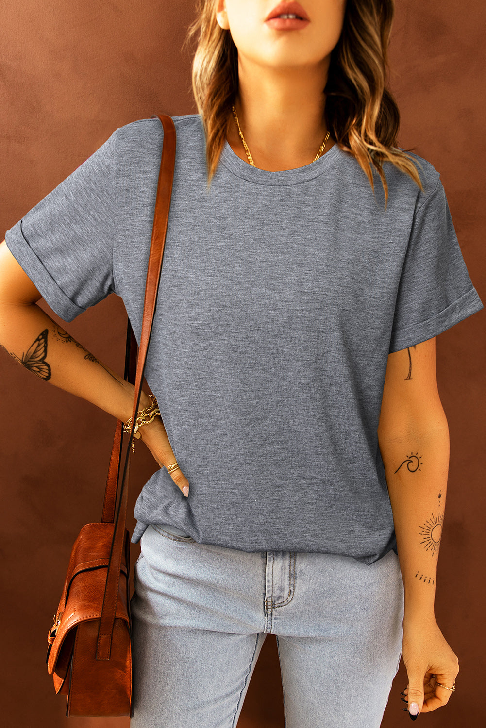 White Round Neck Rolled Sleeve Plus Size T-shirt