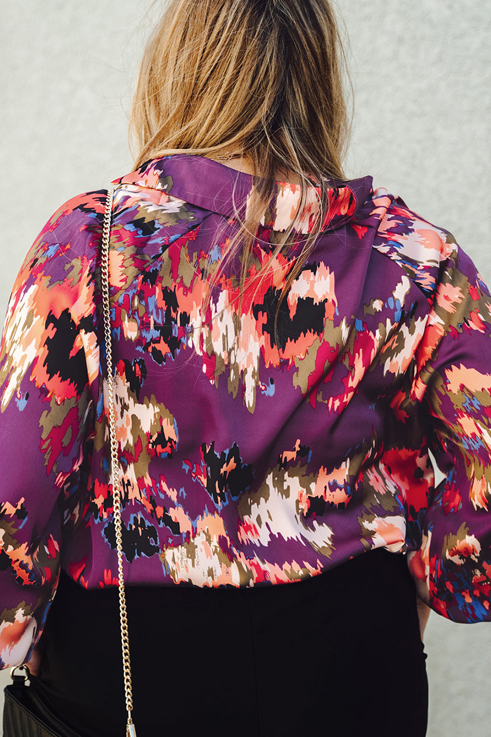 Plus Size Abstract Print V-Neck Long Sleeve Blouse