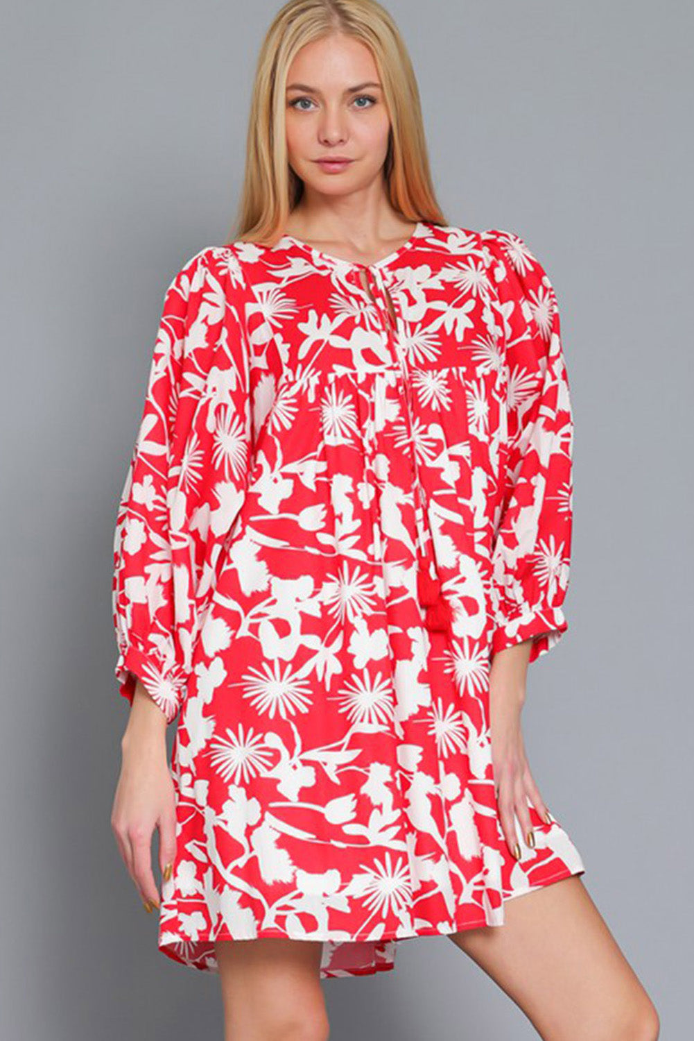 Floral Print Puff Sleeve Split Neck Babydoll Mini Dress