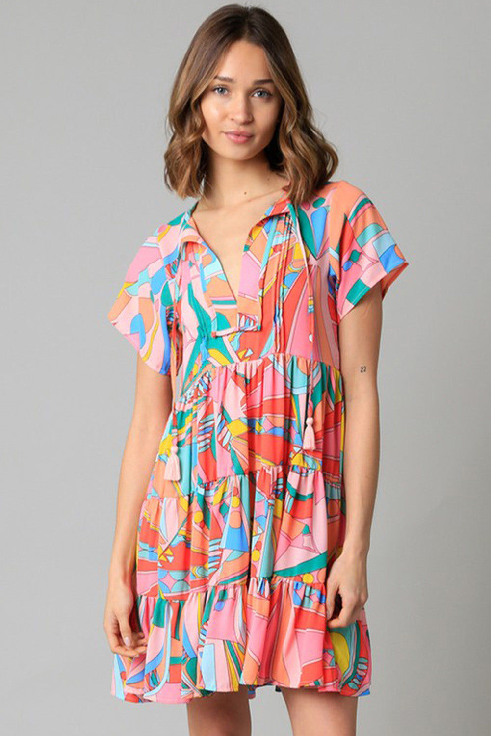 Multicolor Geometric Abstract Print Long Sleeve Shirt Dress