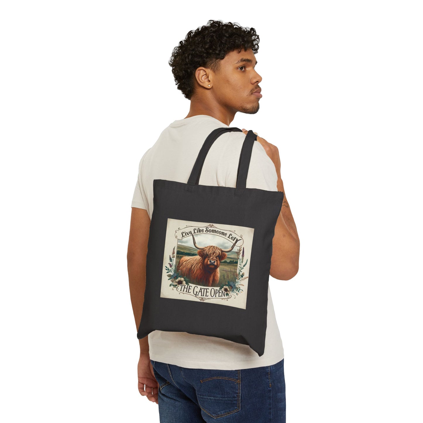 Highland Cow Gate Open Cotton Canvas Tote Bag