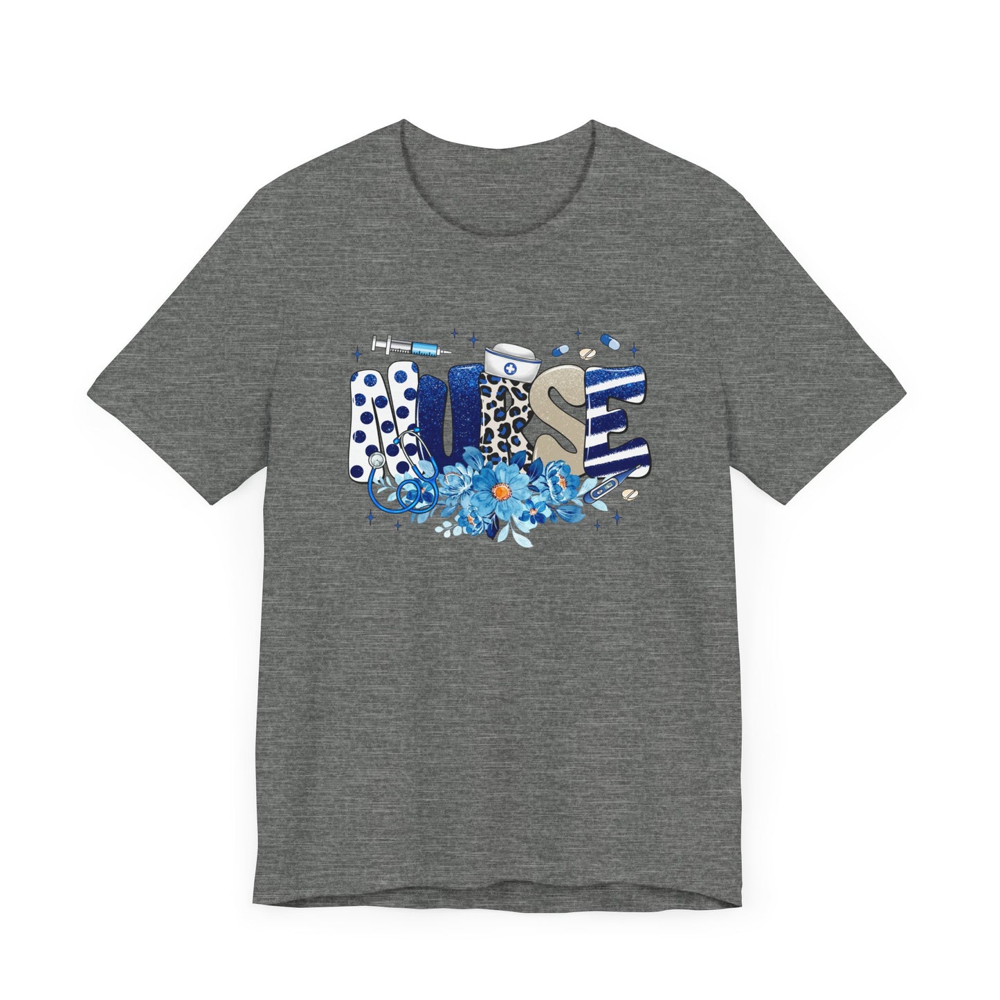 Blue Floral Nurse Jersey Short Sleeve Tee