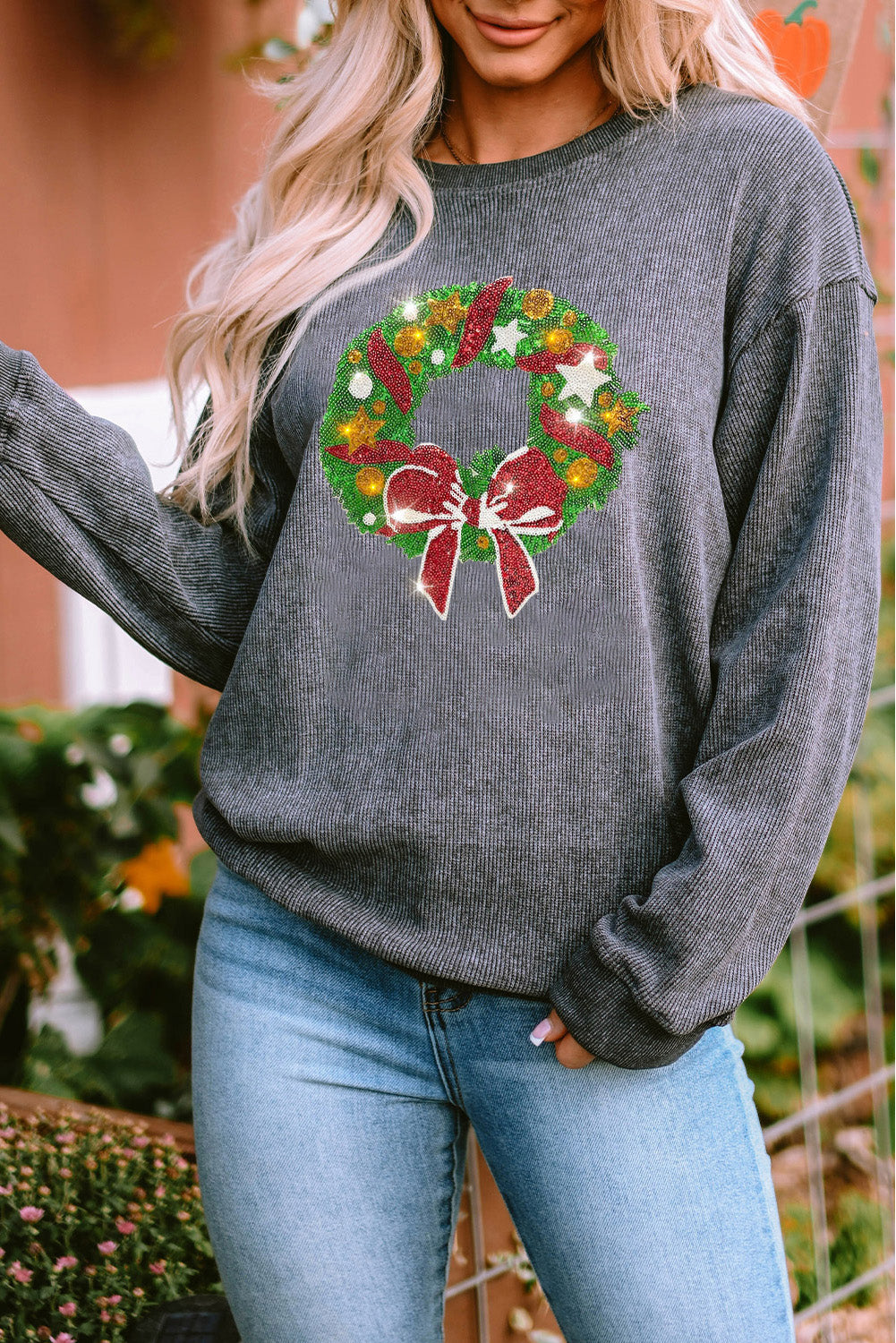 Black Plus Size Corded Round Neck Sweatshirt