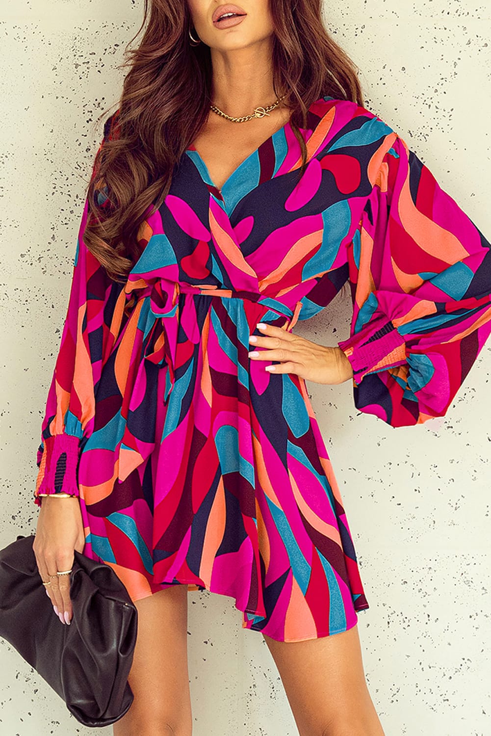 Multicolor Plus Size Abstract Print Oversized Sleeve Belted Dress