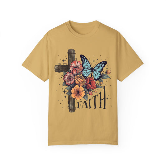 Faith Cross Flowers Butterfly Garment-Dyed T-shirt
