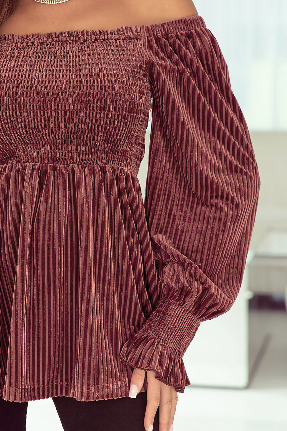 Chestnut Half Zip V Neck Ribbed Velvet Top
