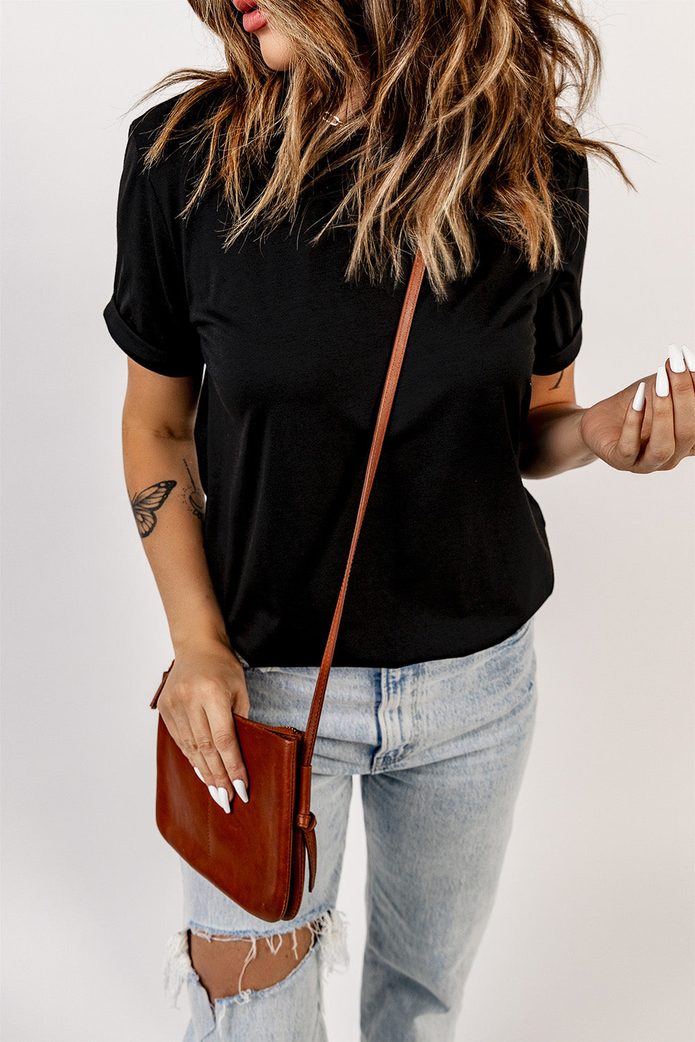 White Round Neck Rolled Sleeve Plus Size T-shirt