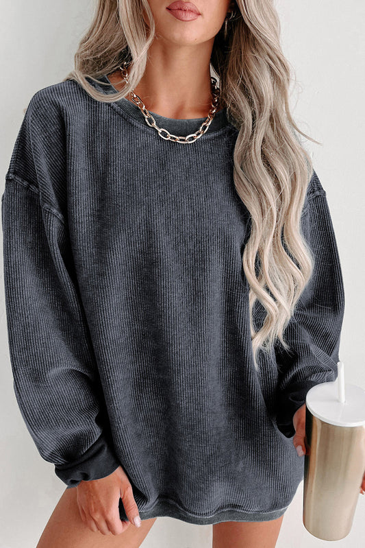 Black Plus Size Corded Round Neck Sweatshirt