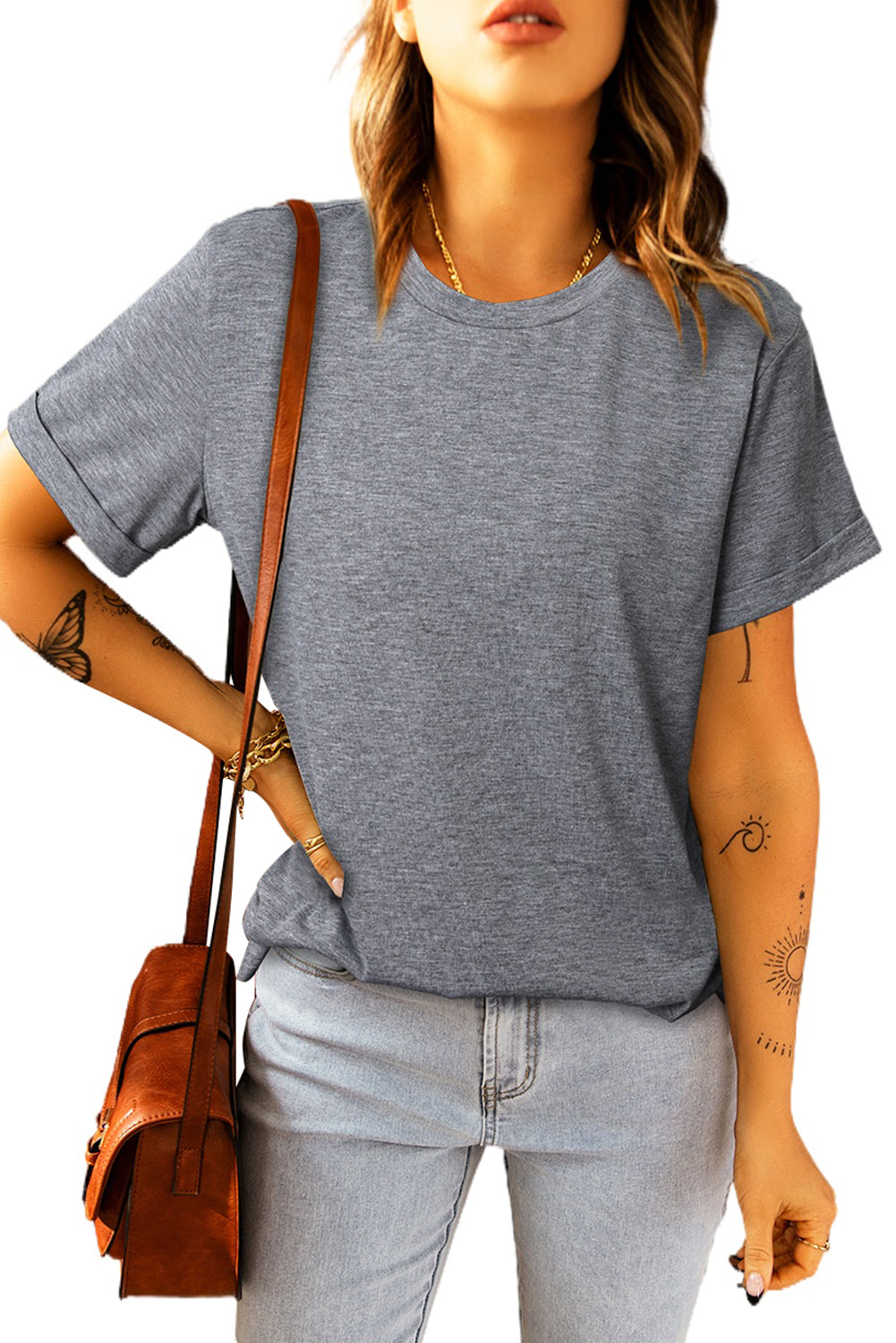 White Round Neck Rolled Sleeve Plus Size T-shirt