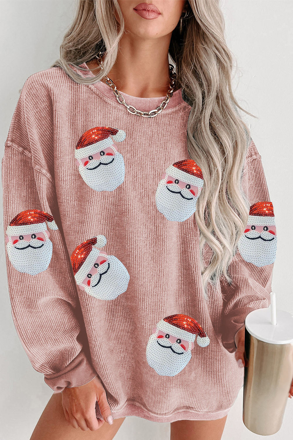 Black Plus Size Corded Round Neck Sweatshirt