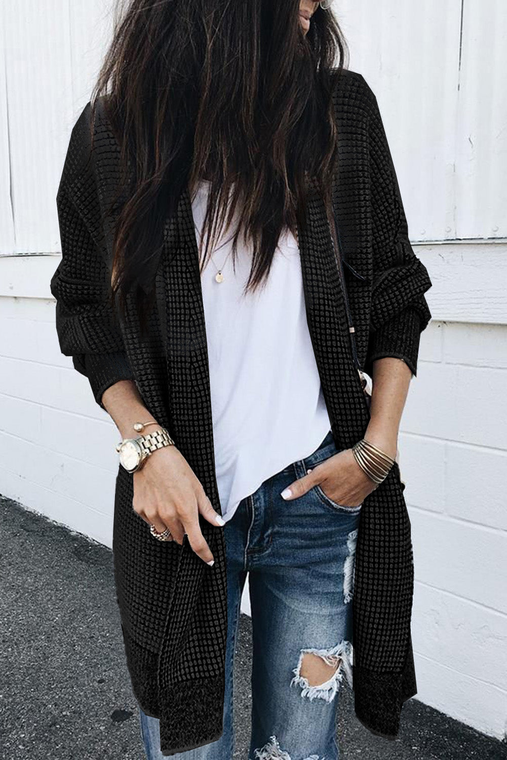Apricot Chunky Waffle Knit Oversized Collar Cardigan
