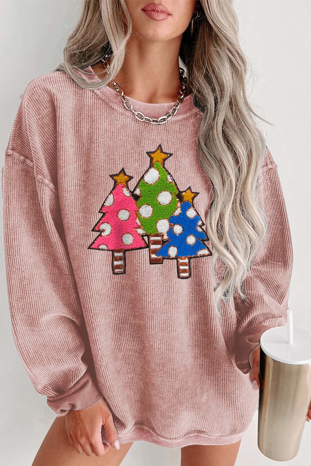 Black Plus Size Corded Round Neck Sweatshirt