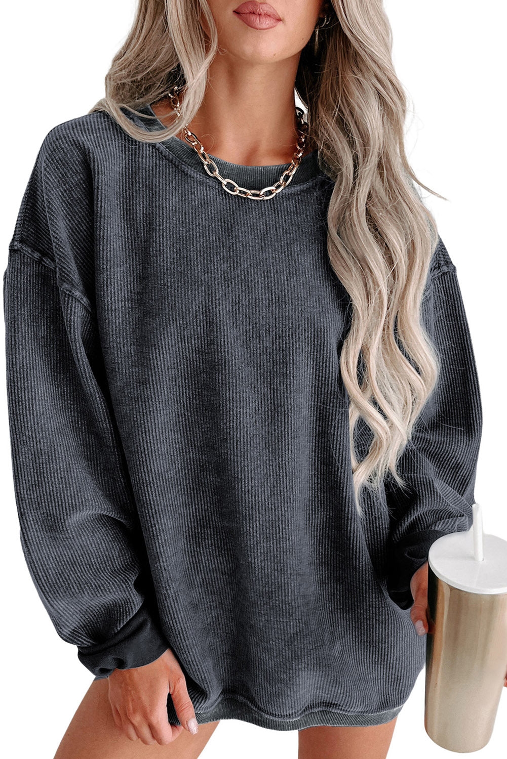 Black Plus Size Corded Round Neck Sweatshirt
