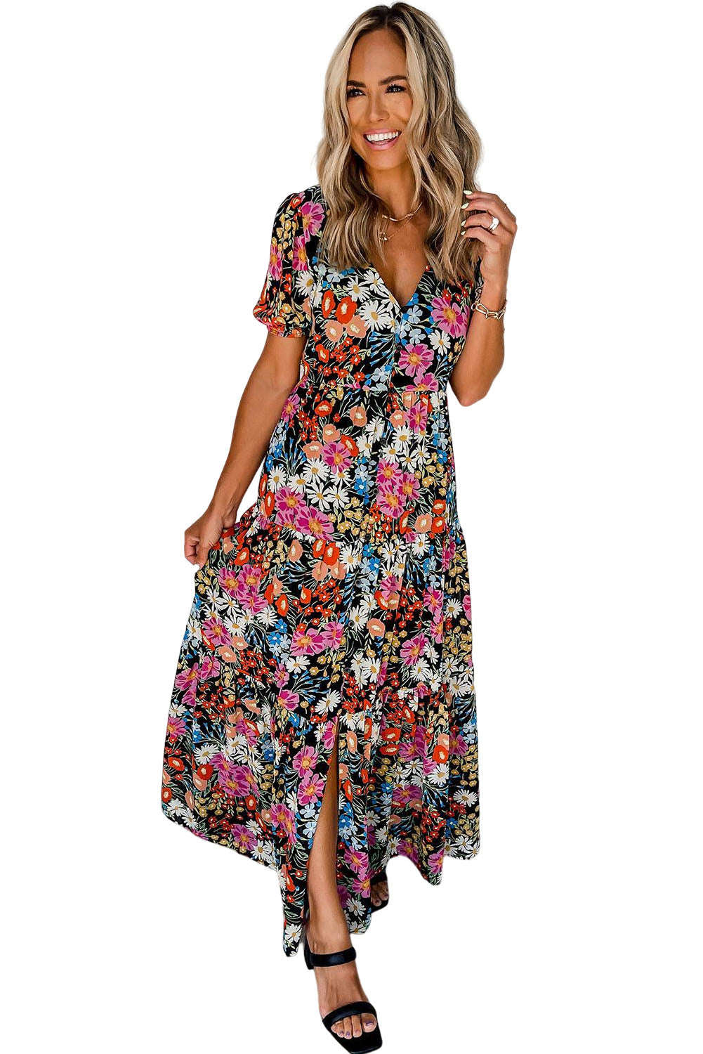 Short Sleeve Boho Floral Pattern Tiered Maxi Dress