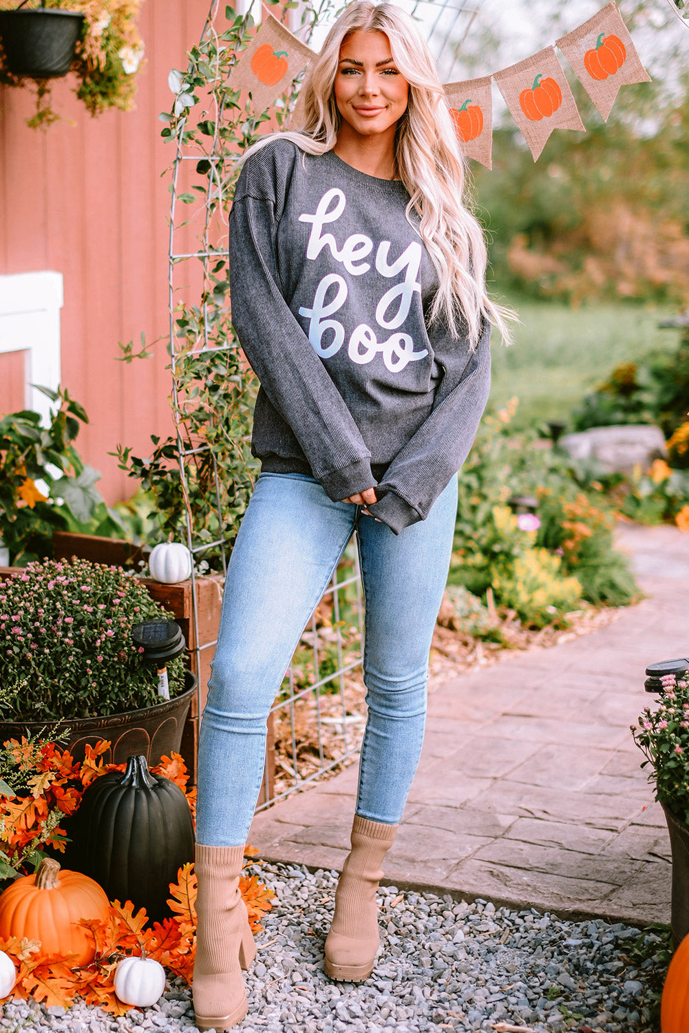 Black Plus Size Corded Round Neck Sweatshirt