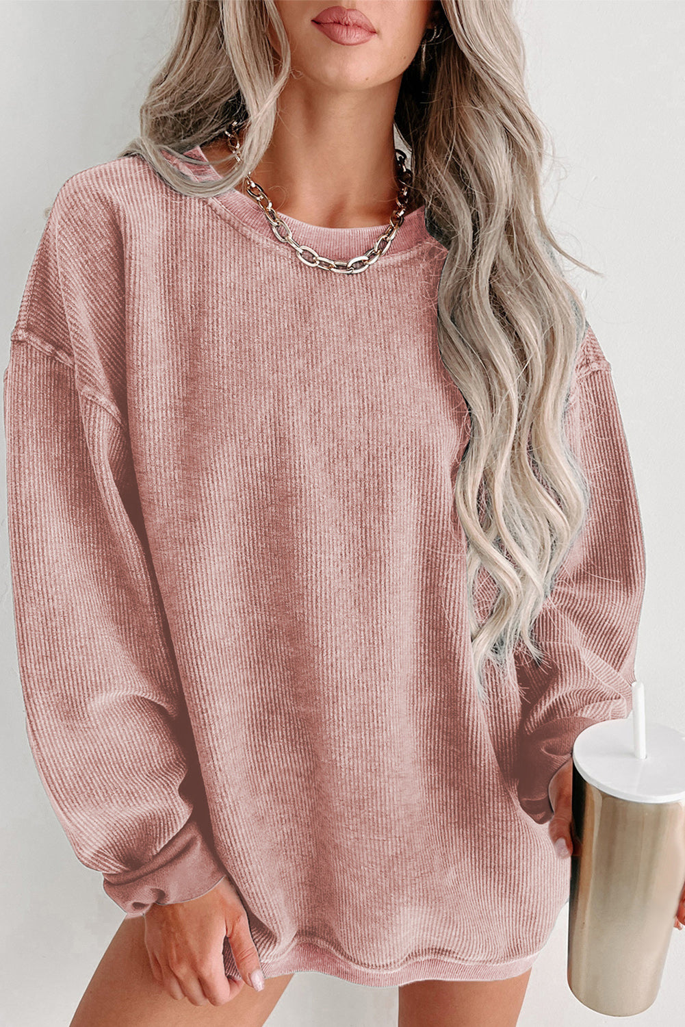 Black Plus Size Corded Round Neck Sweatshirt