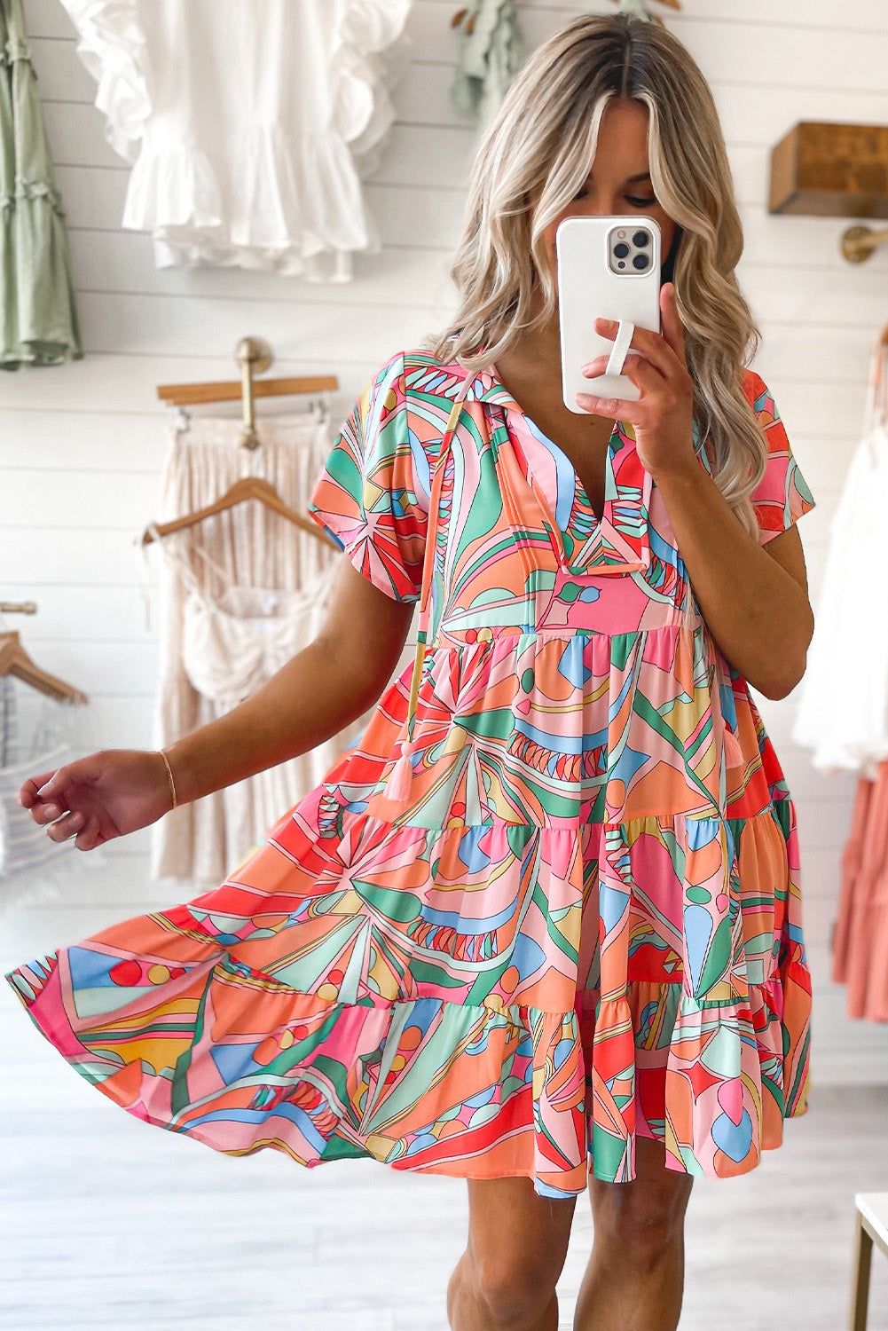 Multicolor Geometric Abstract Print Long Sleeve Shirt Dress
