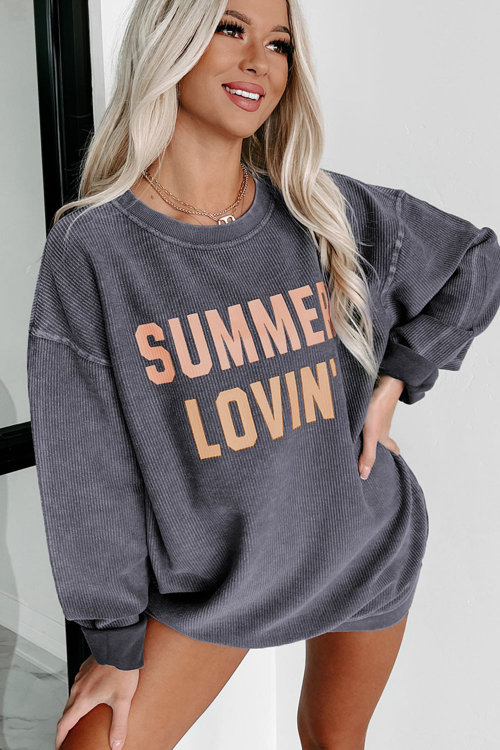 Black Plus Size Corded Round Neck Sweatshirt