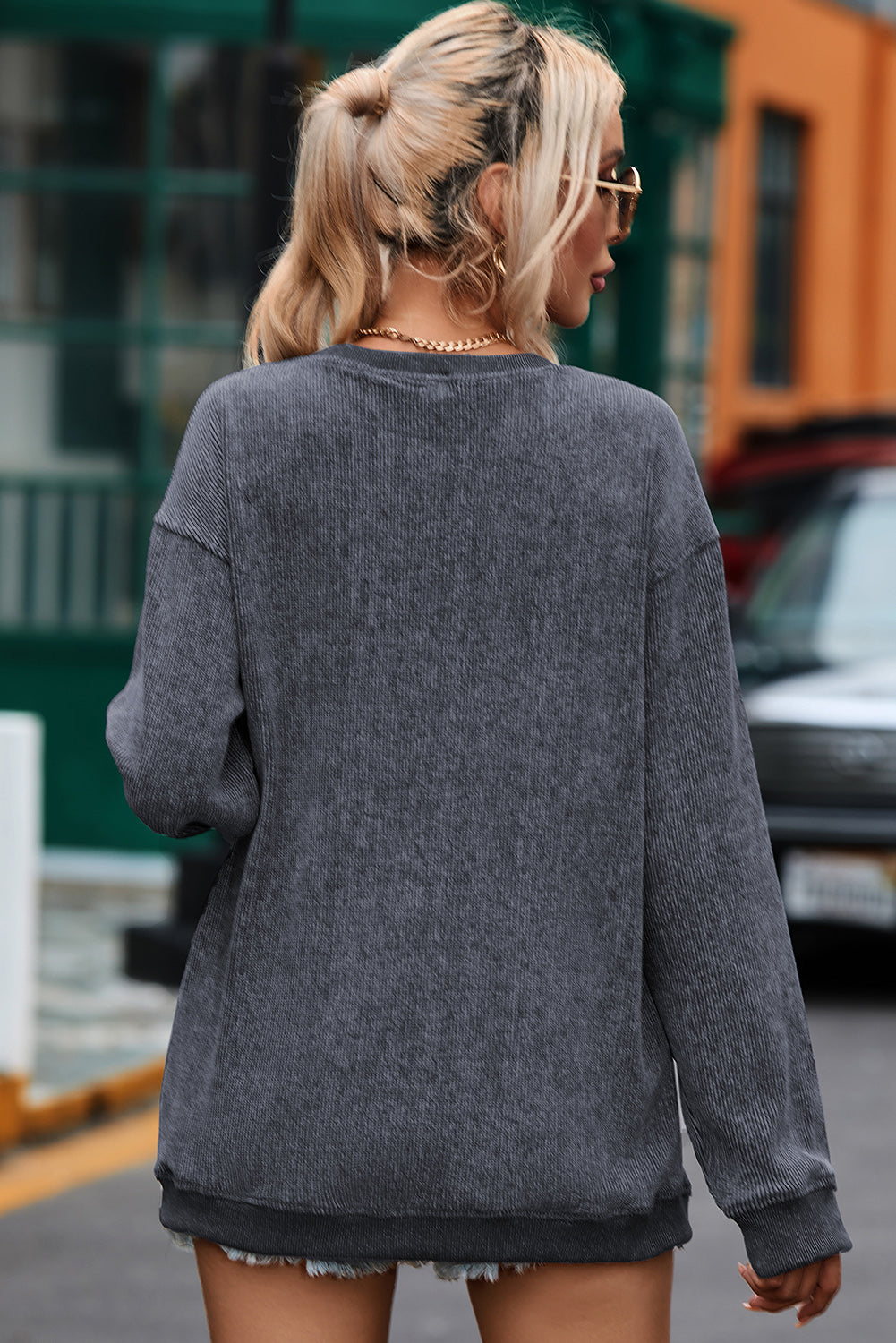 Black Plus Size Corded Round Neck Sweatshirt