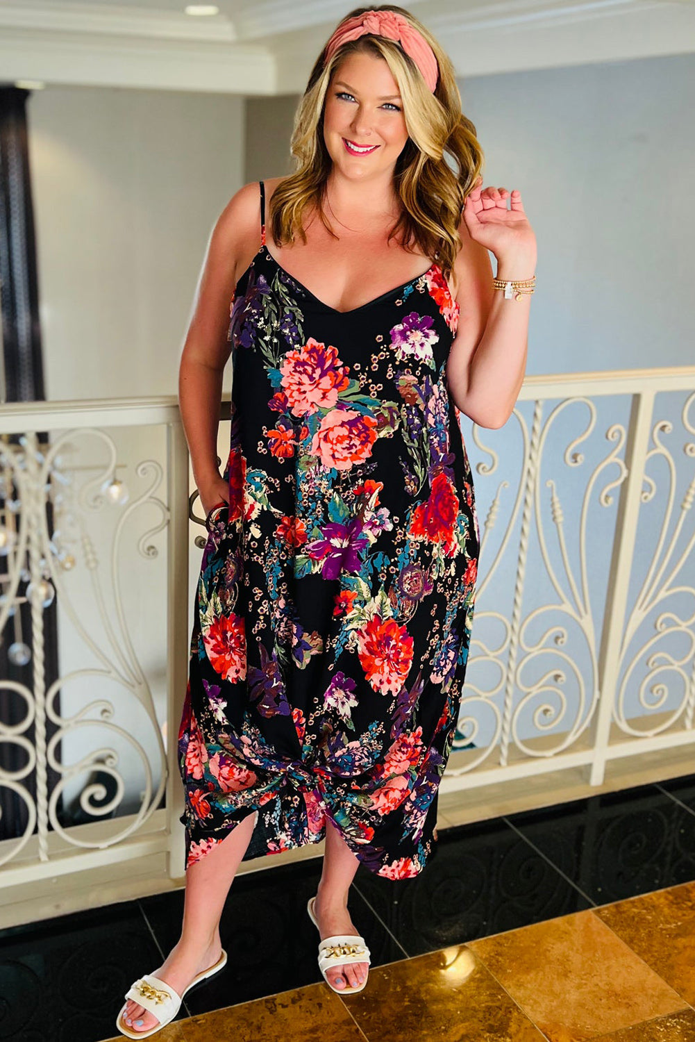 Plus Size Floral Print Thin Straps Maxi Dress