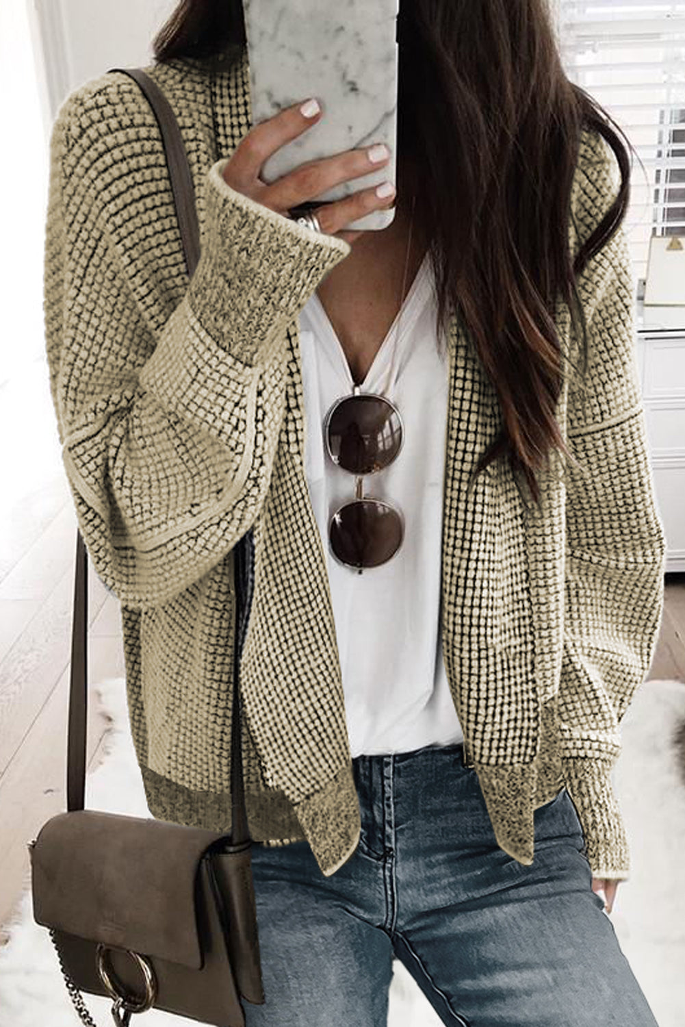 Apricot Chunky Waffle Knit Oversized Collar Cardigan