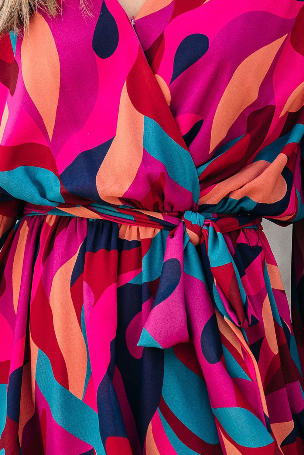 Multicolor Plus Size Abstract Print Oversized Sleeve Belted Dress